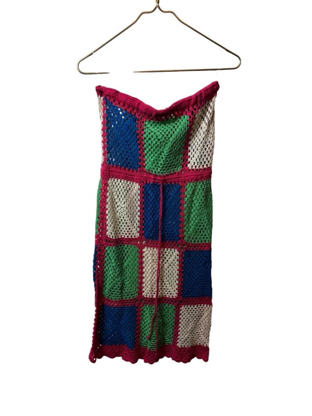 Flying tomato | medium Crochet Tube Dress in Blue, Green, Cream with Pink Trim
